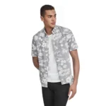 NEXT Grey Slim Fit Hawaiian Leaf Print Shirt