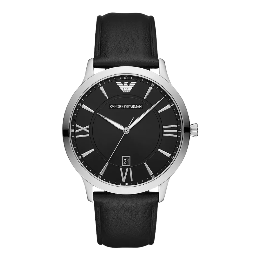 Emporio Armani Men's Three-Hand Date Black Leather Watch